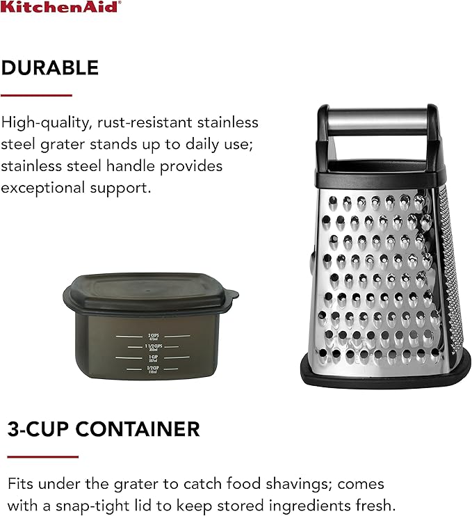KitchenAid Gourmet 4-Sided Stainless Steel Box Grater for Fine, Medium and Coarse Grate, and Slicing, Detachable 3 Cup Storage Container and Measurment Markings, Dishwasher Safe, 10 inches tall, Black - Bloomnest