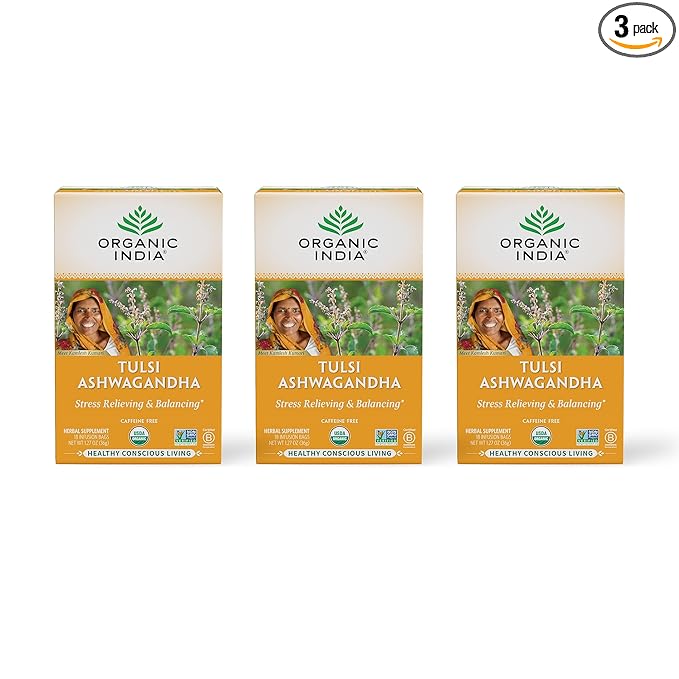 ORGANIC INDIA Calming Tulsi Ashwagandha Herbal Tea - Holy Basil Tea with Ashwagandha Root, Supports Restful Sleep - Adaptogen, Vegan, USDA Certified Organic, Non-GMO - 18 Infusion Bags, 3 Pack - Bloomnest
