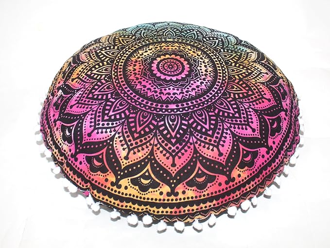 CRAFT KALA Boho Large Floor Pillow Pouf Cover Mandala Meditation Room Pillow Cover for Adults Round Bohemian Seating Pouf Cushion Cover for Kids Playroom 22" Multi Ombre - Bloomnest
