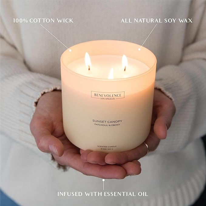 Patchouli & Ebony – Benevolence LA 3-Wick Fall Scented Candle for Home | 15oz, 50-Hour Burn | Natural Soy Wax | Warm & Grounding Autumn Home Fragrance | Malibu Sands Collection – Gift for Women & Men - Bloomnest