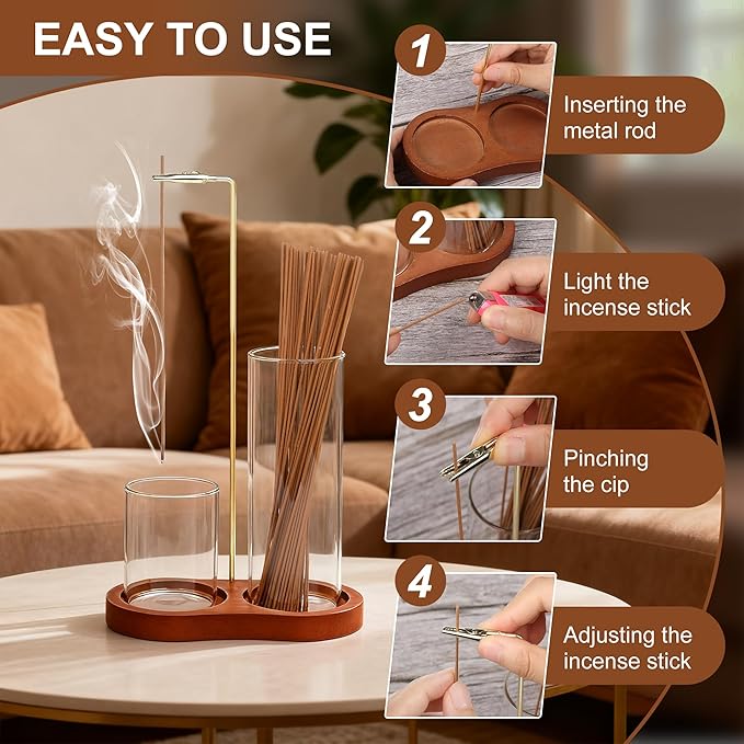 2 in 1 Incense Holder for Sticks, Wooden Incense Holder for Sticks with Glass Ash Catcher, Anti-ash Incense Burner with 20 Incense Sticks and a Ash Brush for Meditation Yoga Spa Room Decor