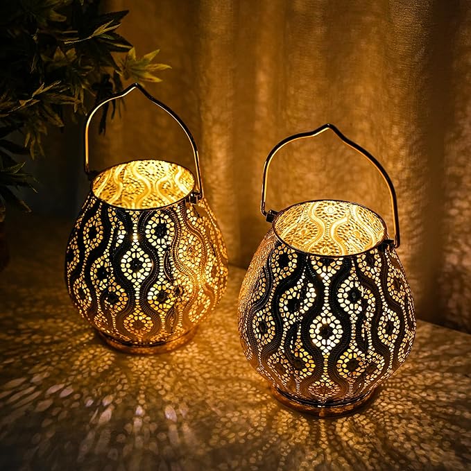 TRIROCKS Set of 2 Moroccan Decorative Lamps 8'' High Cordless Lamp Metal Table Lamps with Fairy Lights Bulb for Home Living Room Garden Yard Party Events Tabletop Indoor Outdoor(Gold) - Bloomnest