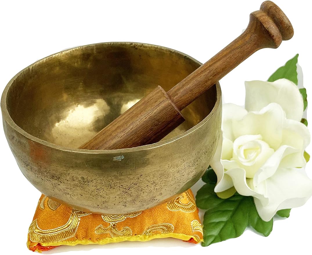 422 SB-5 Agan Traders Hand Pounded 'Om Mani Padme Hum' Mantra Healing Singing Bowl Set (E, 4.5" diameter) - Bloomnest