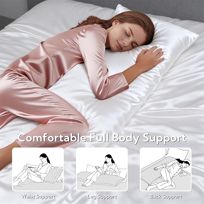 MR&HM Satin Body Pillow Cover, Soft and Breathable Body Pillow Case with Envelope Closure, Cooling and Silky Long Pillowcase for Hair and Skin,Grey (20x54, White) - Bloomnest