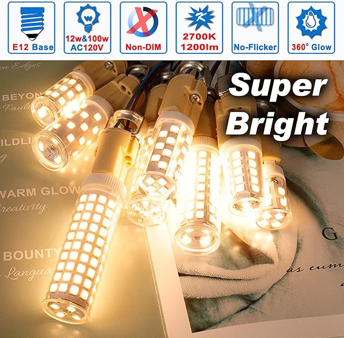 E12 100 Watt LED Candelabra Bulbs Equivalent C7,2700K Warm White,1200 lm T6 E12 12W LED Candle Bulbs for Ceiling Fan Chandelier Pendant Lighting Salt Lamp,Non-dimmable,2 Pack - Bloomnest
