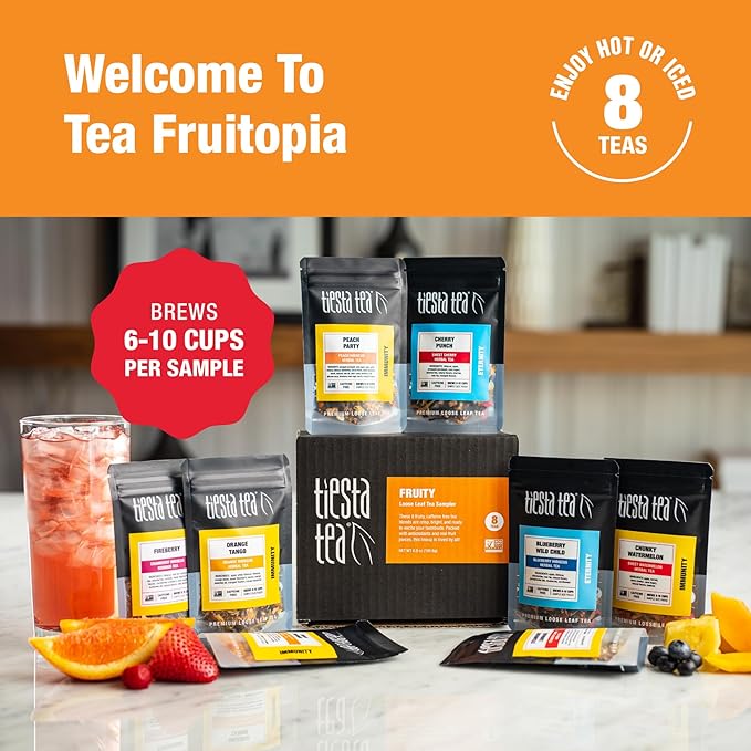 Tiesta Tea - Fruity Tea Sampler Dry Flight Set, Loose Leaf, No Caffeine, Makes Hot and Iced, Assorted Fruit Brews with Mango, Peach, Orange Drinks & More, 8 Resealable Sample Pouches - Bloomnest
