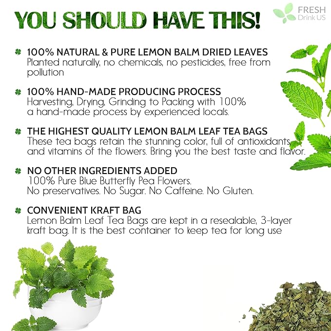 FreshDrinkUS, Premium 120 Lemon Balm Leaf Tea Bags, 100% Natural & Pure from Lemon Balm Leaves. Loose Leaf Lemon Balm Herbal Tea. Lemon Balm Leaf Tea. No Sugar, No Caffeine, No Gluten, Vegan. Lemon Balm Tea - Bloomnest