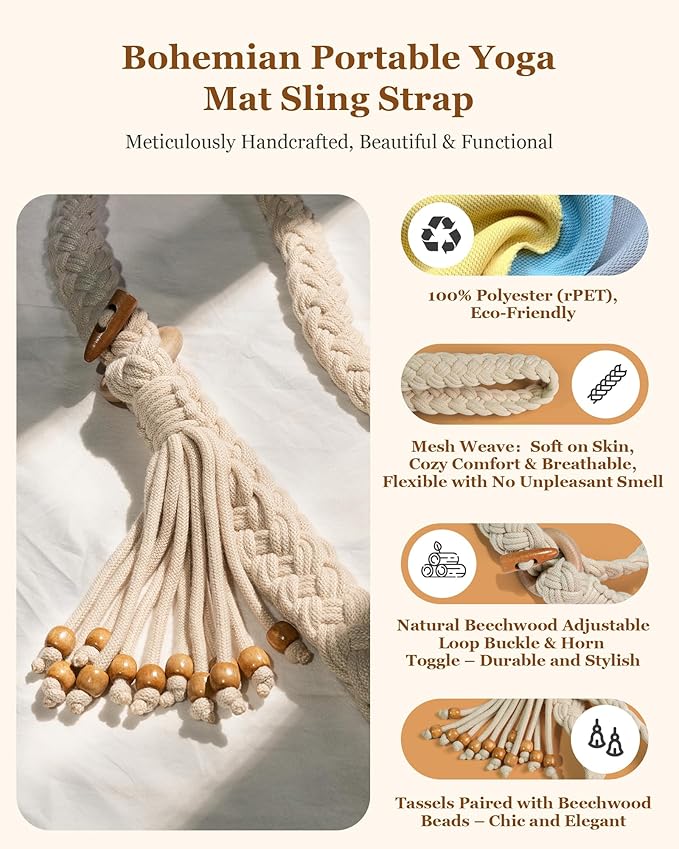 Yoga Mat Straps for Carrying, Handmade Braided Boho Bead Tassel Macrame Strap, Adjustable Thick Yoga Mat Carrier/Holder/Organizing, Stretching Band, Gifts for Women (Mat Not Included)