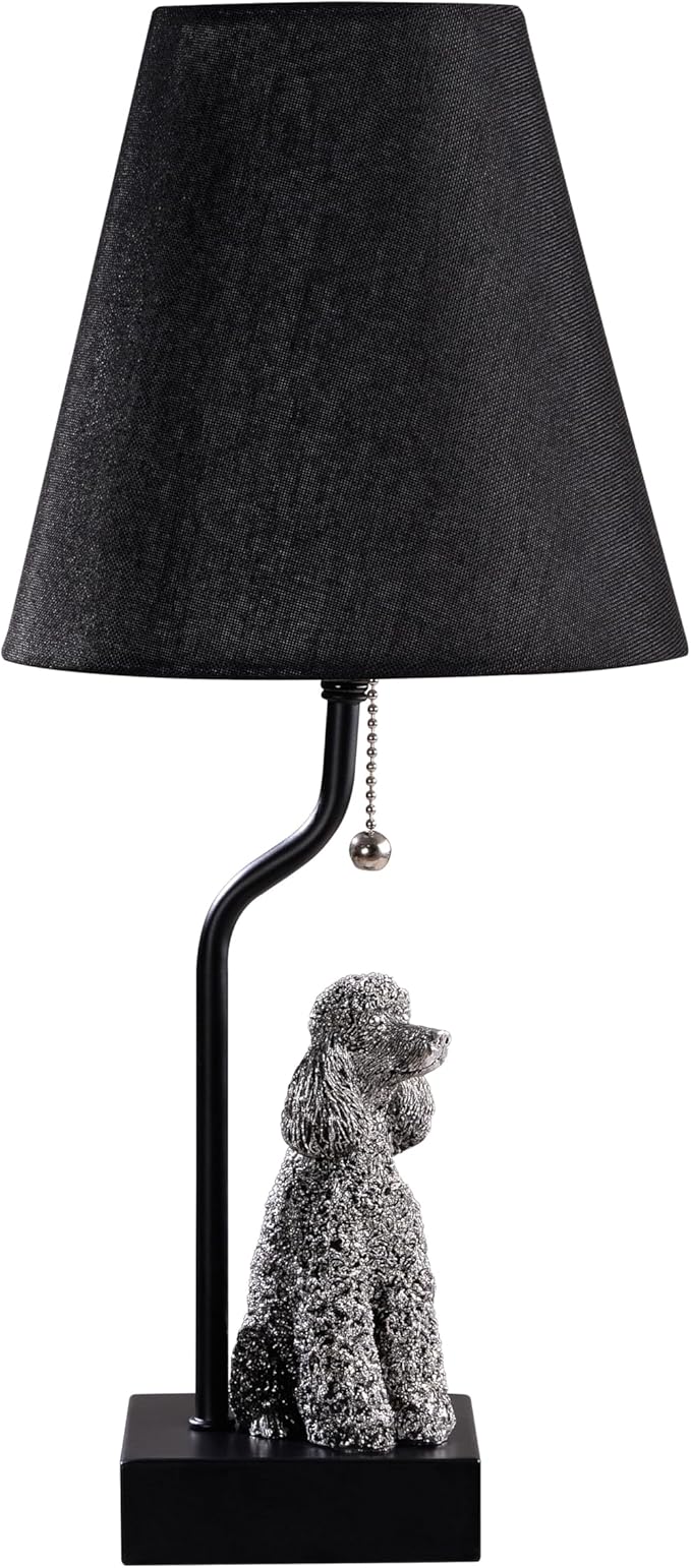 Portable Poodle Table Lamp with USB-C & USB-A Charging Ports, Black Fabric Shade & Dog Figurine Base, Nightstand/Bedside Lamp with Pull Chain Switch – Gift for Dog Lovers 24094 - Bloomnest