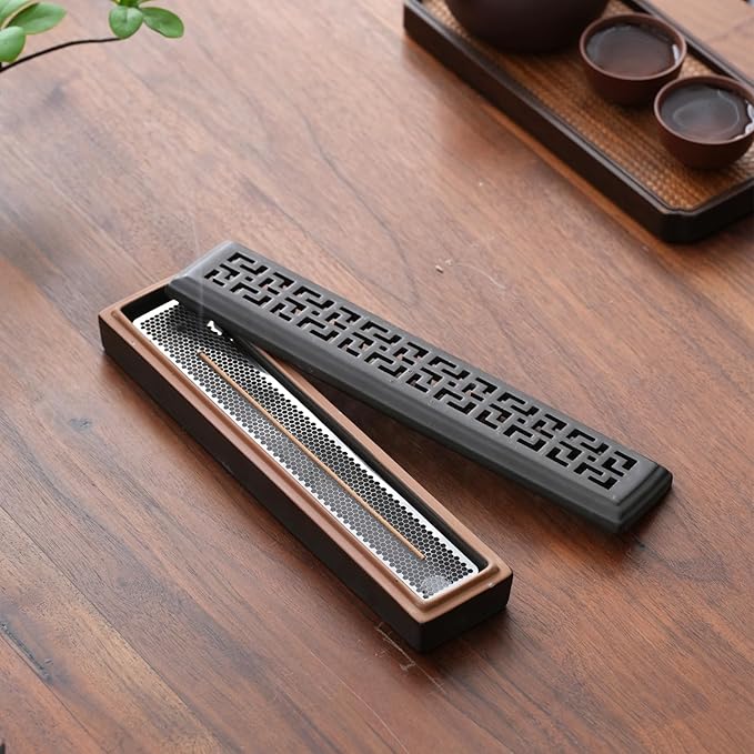 CEREMONY Incense Holder,Ceramic Incense Holder for Sticks with Ash Catcher,Coffin Style Incense Box,Incense Burner for Meditation Yoga Spa Room Decor(Brown)