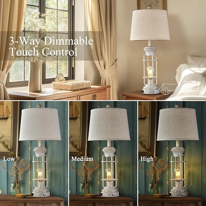 28" Farmhouse Table Lamp Set of 2 with USB Charging Ports, Tall Table Lamp for Living Room,3-Way Dimmable Lamps for Bedroom, Rustic Bedside Lamp, Industrial Nightstand Lamps,Bulbs Included - Bloomnest