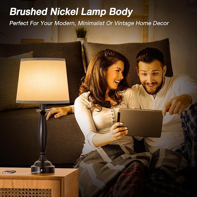 Grey Lamps for Bedrooms Set of 2 - Touch Control Bedside Lamp with USB C+A, 3 Way Dimmable Nightstand Lamps with USB Port, Table Lamp for Living Room(Grey Shade and Black Base) - Bloomnest