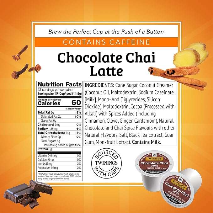 NEW Twinings Chocolate Chai Latte Tea K-Cup Pods for Keurig, 22 Count (Pack of 1), Velvety Smooth Cocoa with Real Spiced Tea, Caffeinated, Enjoy Hot or Iced - Bloomnest