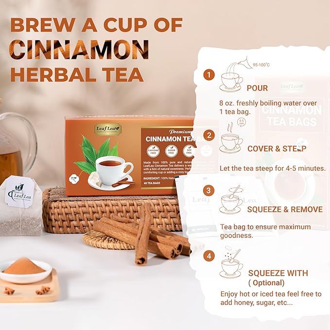 LeafLea 40 Cinnamon Tea Bags, 100% Natural Ground Cinnamon Stick Herbal Tea, Spiced and Warming Flavor for Relaxation, Caffeine-Free, Sugar-Free, Non-GMO, Vegan - Bloomnest