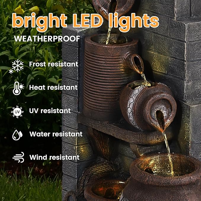 6-Tiers Garden Waterfall Fountain Outdoor - 31’5''H Water Fountains and Waterfalls, Large Outdoor/Indoor Floor Standing Resin Water Fountain with LED Light for Patio, Garden and Home (31.5”H) - Bloomnest