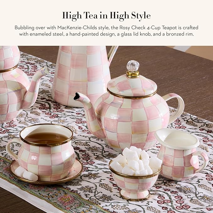 MACKENZIE-CHILDS Enamel Teapot, Cute Small Teapot with Lid, 4-Cup Capacity, Pink-and-White Rosy Check - Bloomnest