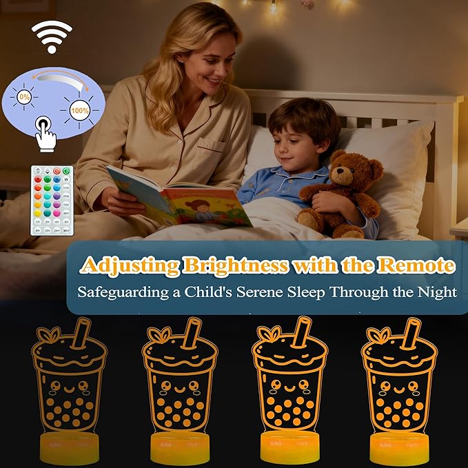 Boba Tea Night Light, Boba Lamp, 3D Illusion Lamp with Remote Control, 16 Color Changing, Timer, RGB Flashing Mode, Dimmable - Boba Gifts for Women & Girls - Bloomnest