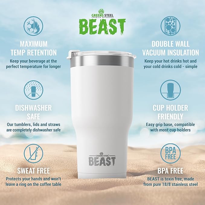 Beast 20 oz Tumbler Stainless Steel Vacuum Insulated Coffee Ice Cup Double Wall Travel Flask (Arctic White) - Bloomnest
