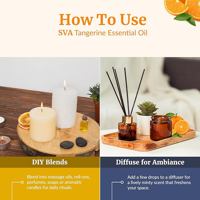 SVA Tangerine Essential Oil – 4 Fl Oz – 100% Natural Tangerine Oil - for Diffuser, Hair Care, Face, Skin Care, Aromatherapy, Scalp and Body Massage, Soap and Candle Making – with Dropper - Bloomnest