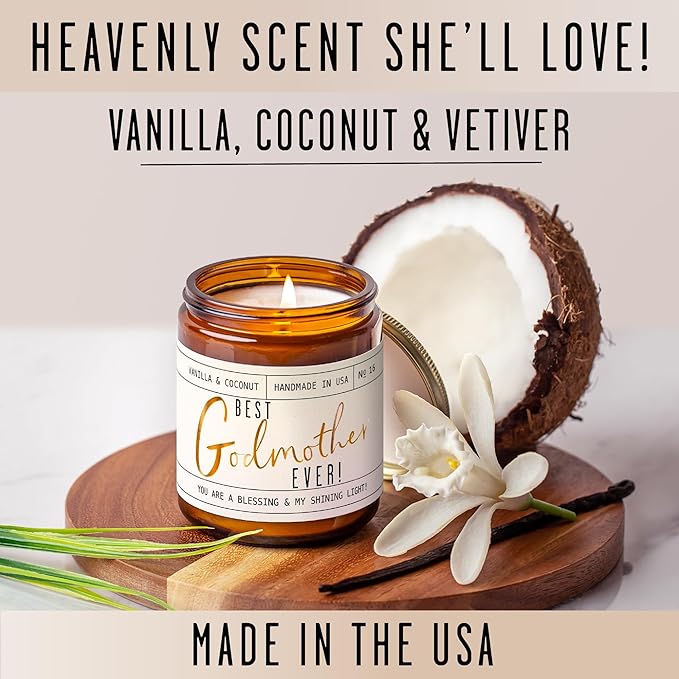 Godmother Gift - 'Best Godmother Ever!' Candle, w/Coconut & Vanilla - Godmother Gifts from Godchild I Godmother Proposal Gift I God Mother Gifts for Women I God Mom I 50Hr Burn, USA Made - Bloomnest