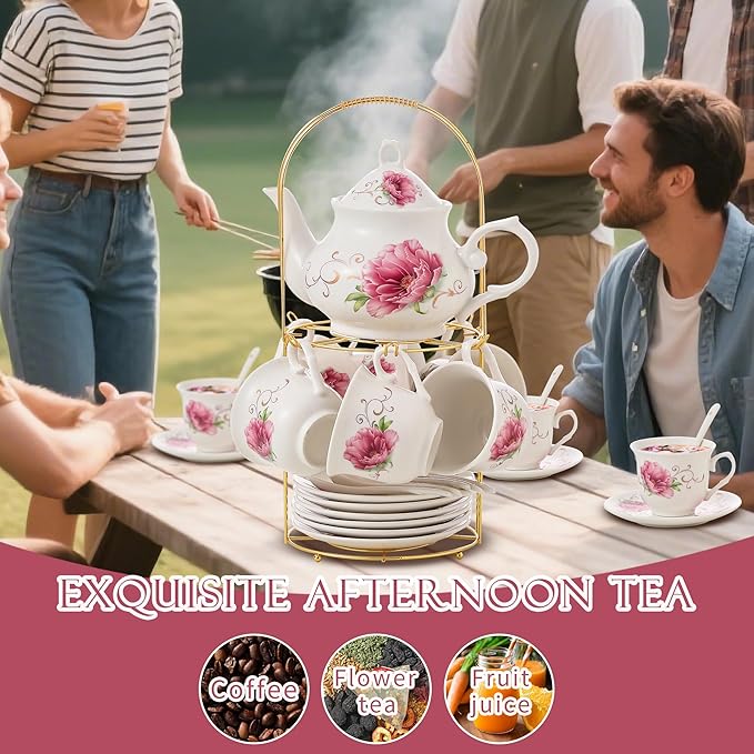 20-Pieces Tea Set For Adult with Golden Metal Rack,Porcelain Tea Sets For Women,Tea Gift Sets for Home&Party(015) - Bloomnest