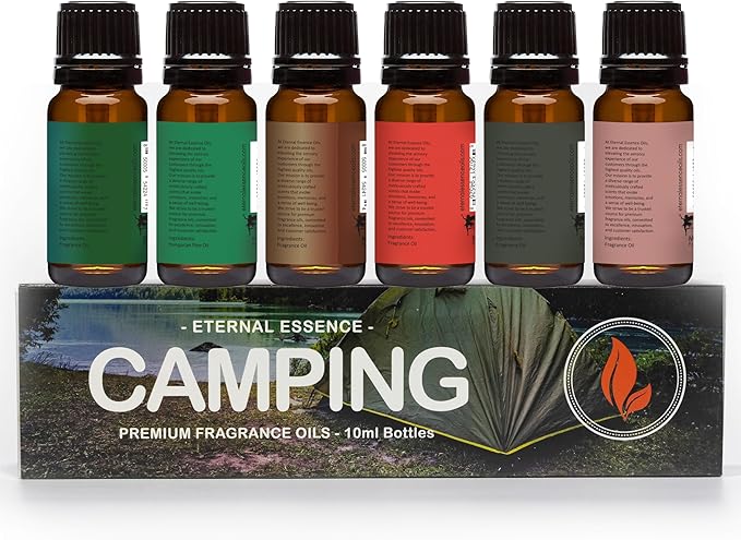Eternal Essence Oils Camping Set of 6 Premium Fragrance Oils - Includes Warm Rustic Woods, Fire Amber, Pine, Sandalwood, Frankincense & Rain and Woodland Bay Scented Oils - 10ML - Bloomnest
