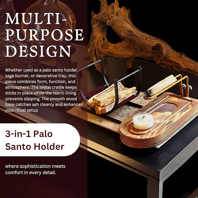 3-in-1 Palo Santo Holder & Burner – Wooden Base Sage Holder with Metal Frame for Palo Santo Sticks, Aromatherapy, Meditation & Smudging Rituals (3 in 1) Bloomnest