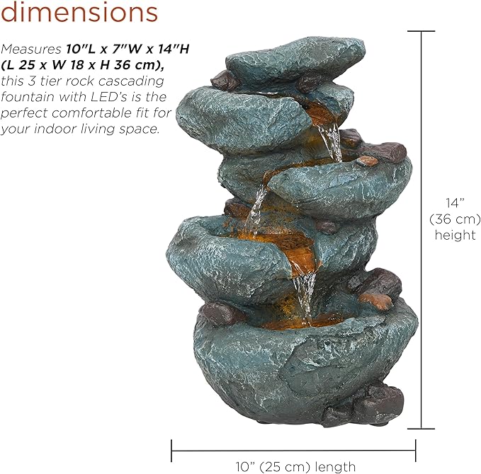 Alpine Corporation TZL418 14" 3 Tier Rock Fountain with LED Lights, Elegant Cascading Water Feature for Tabletop, Indoor Decor, Relaxing Stone Waterfall for Home & Office, Gray - Bloomnest