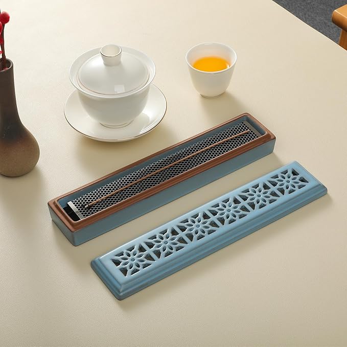 CEREMONY Incense Holder,Ceramic Incense Holder for Sticks with Ash Catcher,Coffin Style Incense Box,Incense Burner for Meditation Yoga Spa Room Decor(Blue)