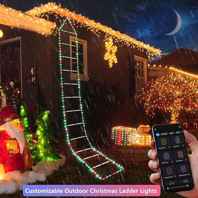 Toodour Outdoor Christmas Decorations Lights, Smart RGB Christmas Lights with Bluetooth & App Controlled, 10ft LED Ladder Light, Music Sync Color Changing Xmas Light for Home, Wall, Indoor Decor - Bloomnest