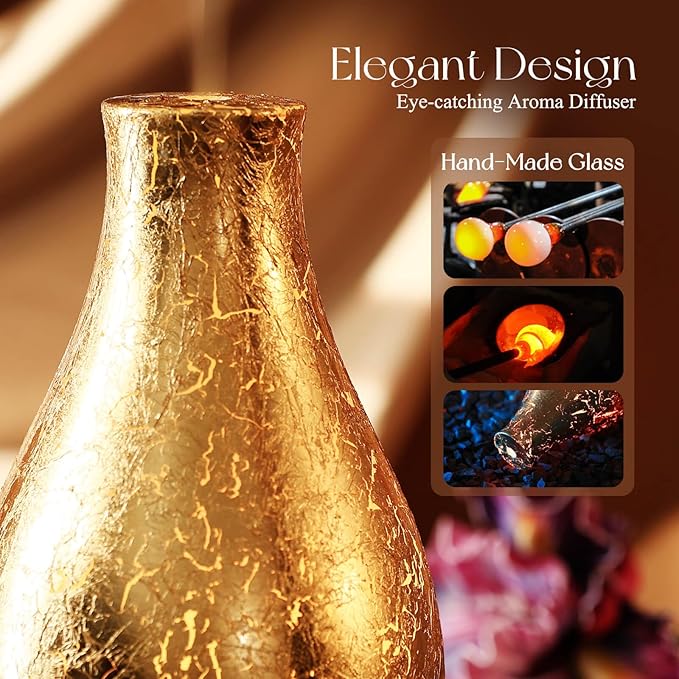 Porseme 100ml Gold-Plated Volcano Essential Oil Diffuser 3D Glass - Elegant and Effective Aromatherapy with 7 Color Changing LEDs and Waterless Auto-Off, BPA Free for Home Yoga Leisure SPA Gift Porseme
