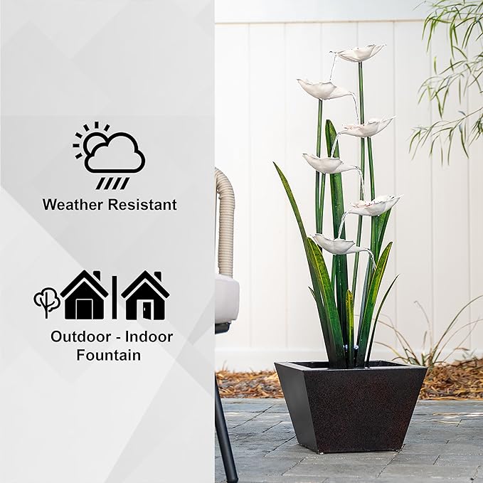 XBrand Freestanding Sculptural Metal Multi-Tiered Flower Water Fountain, w/LED Lights, Multicolored, 39" Tall