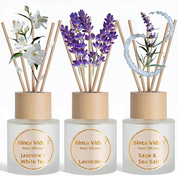 Reed Diffuser Set of 3, Binca Vidou Lavender, Jasmine & White Tea, Sage & Sea Salt Natural Scent Oil Diffusers with Sticks for Home Office Bathroom Aromatherapy Decor 1.69oz x 3 - Bloomnest