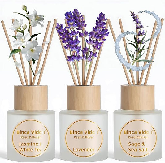 Reed Diffuser Set of 3, Binca Vidou Lavender, Jasmine & White Tea, Sage & Sea Salt Natural Scent Oil Diffusers with Sticks for Home Office Bathroom Aromatherapy Decor 1.69oz x 3 - Bloomnest