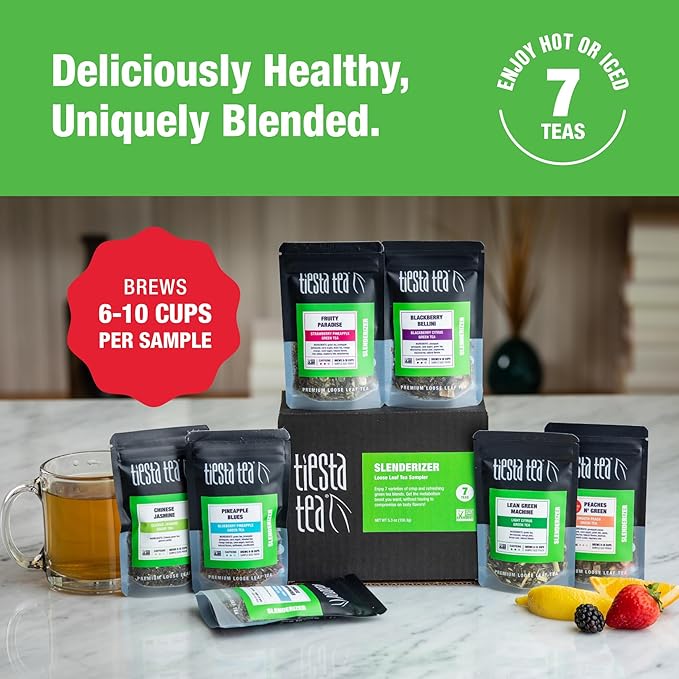 Tiesta Tea - 7 Green Teas Dry Flight Sampler, Loose Leaf, Medium Caffeine Hot & Iced Tea, Premium Green Tea Blends, 7 Resealable Sample Pouches - Bloomnest