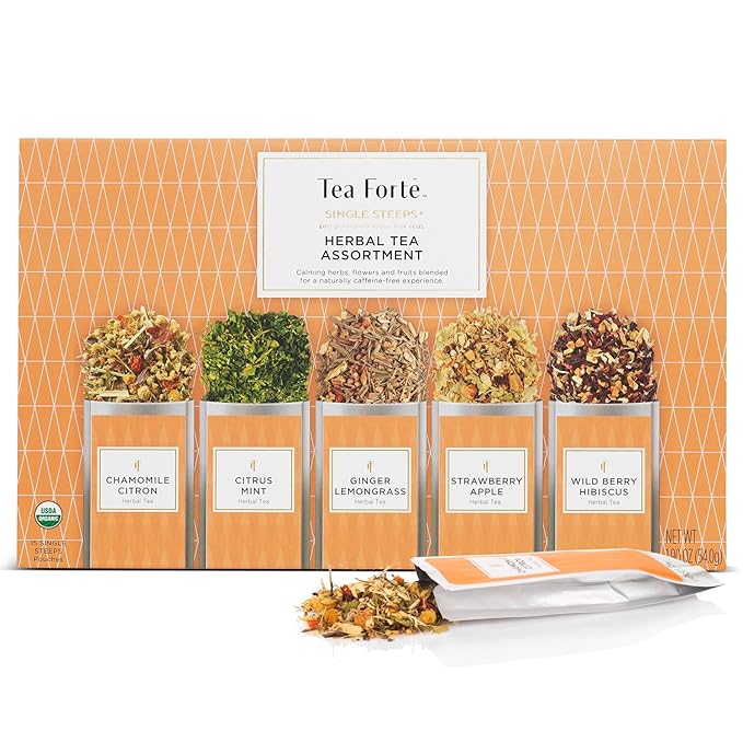 Tea Forte Herbal Tea Assortment Single Steeps Loose Leaf Premium Tea Gift Set Sampler, 15 Count 3 of Each Assorted Blends, Pre-Portioned Single Serve Pouches, Steeps 12 oz - Bloomnest