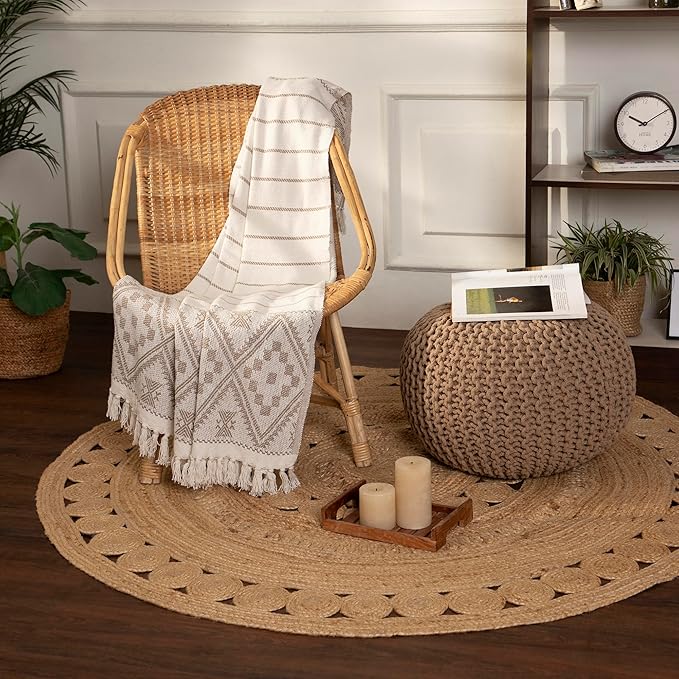 REDEARTH Round Pouf Ottoman - Hand Knitted Cable Boho Poof Home Décor Pouffe Circular Footrest for Living Room - Bedroom - Lounge - 100% Cotton (19.5"x19.5"x14") - Beige - Bloomnest