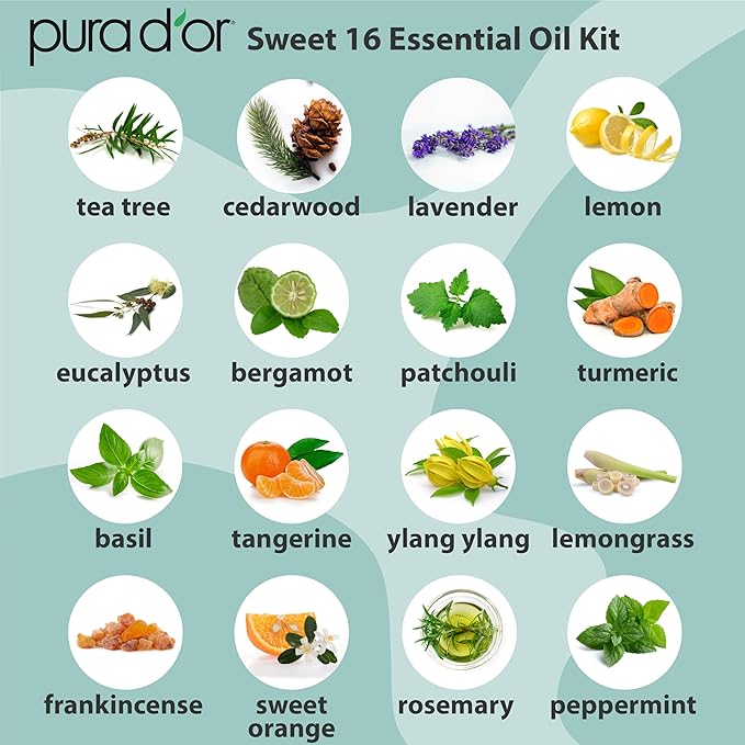 PURA D'OR Organic Sweet16 Essential Oils Set - 16x 10mL Wood Box Aromatherapy Gift Set - 100% Pure Therapeutic Grade for Relaxation and Wellness (Lavender, Rosemary, Turmeric, Ylang Ylang & More) - Bloomnest