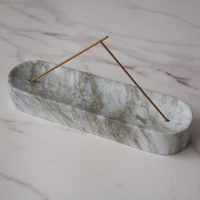 Marble-Patterned Concrete Incense Holder, with A Box of Cedar Incense, 7.1 Inch Good for Incense Tray, A Poetic and Artistic Gift for Yoga＆Meditation(Gray) - Bloomnest