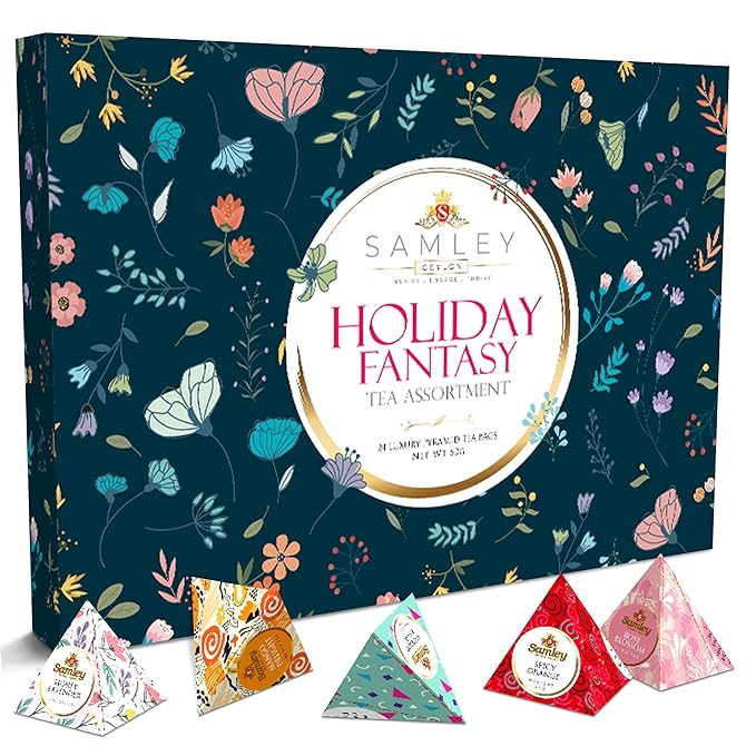 Samley Tea Holiday Fantasy Tea Assortment Gift Box Set, Pure Ceylon Tea Bags Individually Wrapped, Sampler Variety Pack of Assorted Flavors, 24 Pyramids - Bloomnest