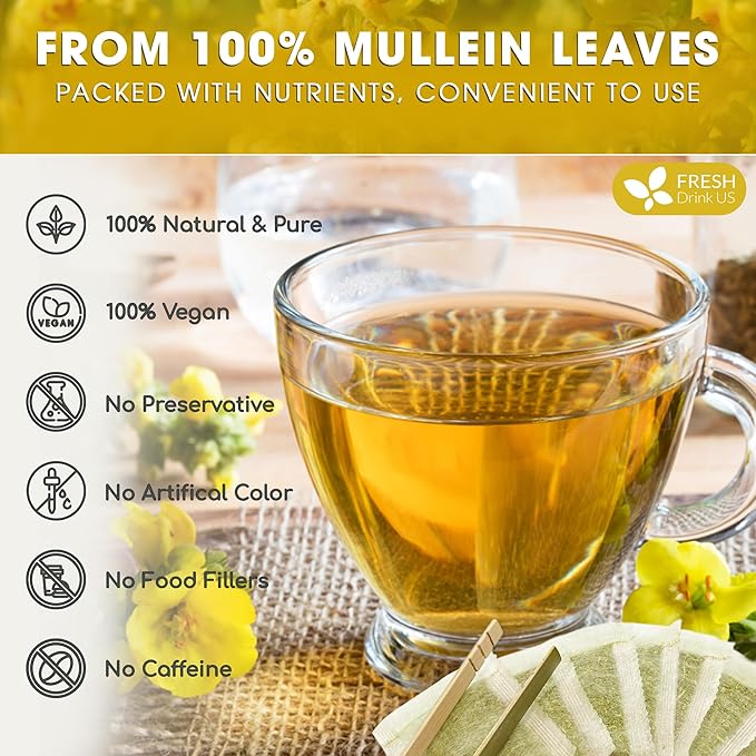 FreshDrinkUS, Premium 25 Mullein Leaf Tea For Lungs, Lung Detox Tea, Great Tea For Lung, Handmade, 100% Natural & Pure, Mullein Tea, Lung Detox For Smokers, No Sugar, No Caffeine, No Gluten, Vegan - Bloomnest