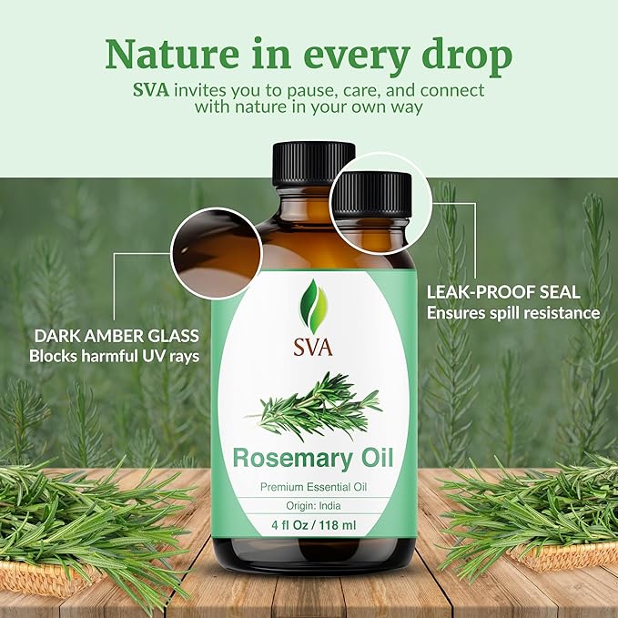 SVA Rosemary Essential Oil – 4 Fl Oz – 100% Natural Rosemary Oil for Hair, Face, Skin Care, Diffuser, Aromatherapy, Scalp, Body Massage, Soap and Candle Making – with Dropper - Bloomnest
