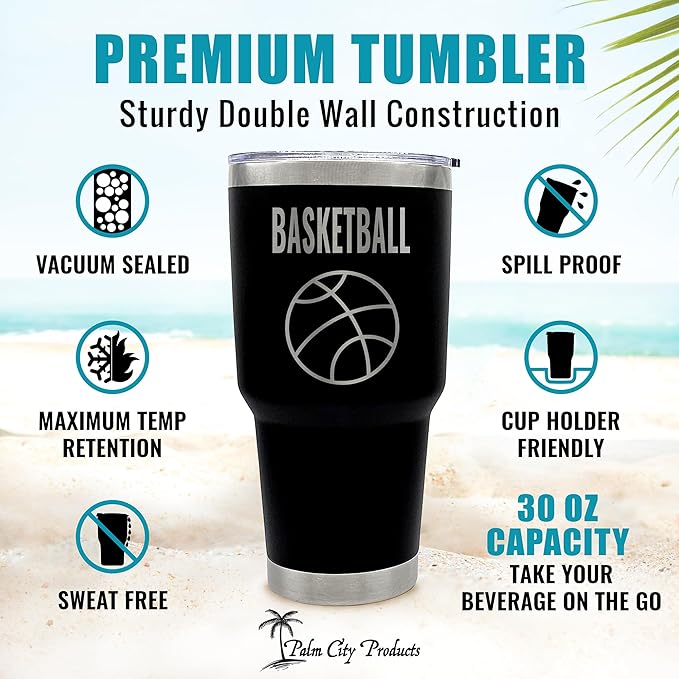 Premium 30 oz Basketball Black Tumbler with Slider Lid - Insulated Stainless Steel - Ideal for Basketball Lovers, Coaches, and Fans - Keeps Drinks Hot or Cold - Gift for Men, Women, Kids - Bloomnest