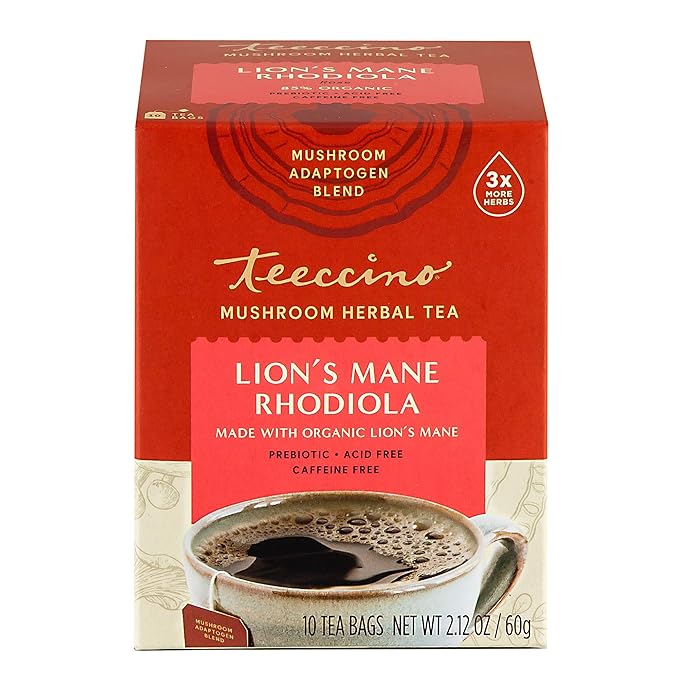 Teeccino Caffeine-Free Mushroom Adaptogenic Herbal Tea - Lion’s Mane Rhodiola Tea - Rose, 3x More Herbs than Regular Teas, Lightly Sweet from Dates & Figs, Chicory Prebiotic - 10 Tea Bags - Bloomnest