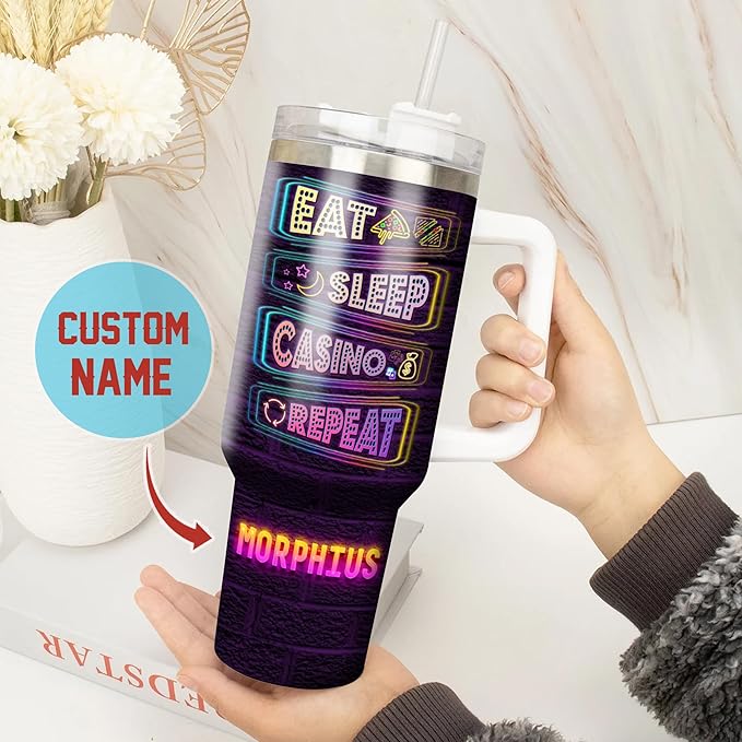 WAZONE Personalized Casino Tumblers Custom Name Travel Cup Insulated 40oz Tumbler with Handle and Straw Stainless Steel Sayings Double Wall Vacuum Mug Christmas Birthday Funny Gifts For Men - Bloomnest