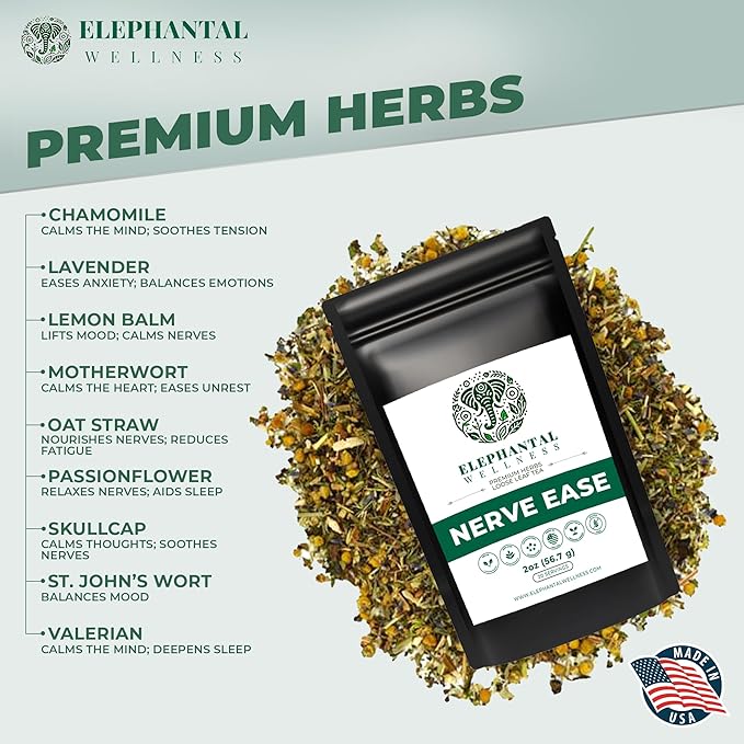 Elephantal Wellness Nerve Ease Herbal Tea | Calming Nervous System Support with Chamomile Tea, Passionflower, Lemon Balm Tea, Valerian & St. John’s Wort | Loose Leaf, Caffeine-Free, 2oz, 20 Servings - Bloomnest