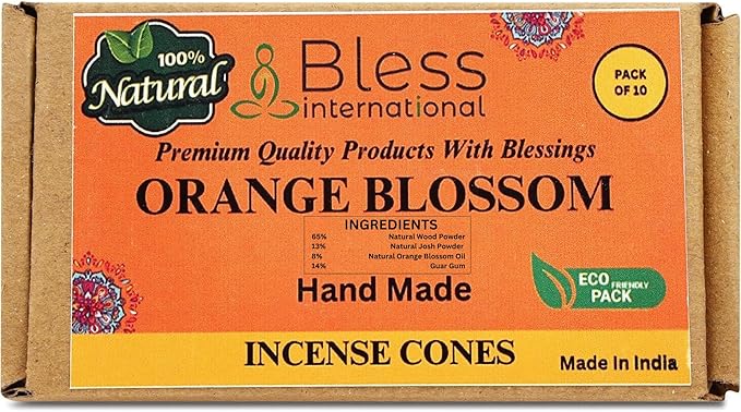 Bless International Orange-Blossom 100%-Natural-Incense-Cones Handmade-Hand-Dipped Organic-Chemicals-Free for-Purification-Relaxation-Positivity-Yoga-Meditation The-Best-scents (10 Count) BlessInternational