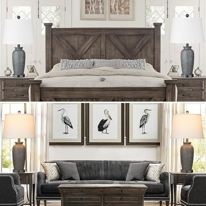 25" Farmhouse Jar Table Lamps Set of 2, 3 Way Touch Control Rustic Bedside Lamps with USB A+C Ports & AC Outlet, Pot Nightstand Lamps for Bedroom Living Room (LED Bulbs Included) - Bloomnest