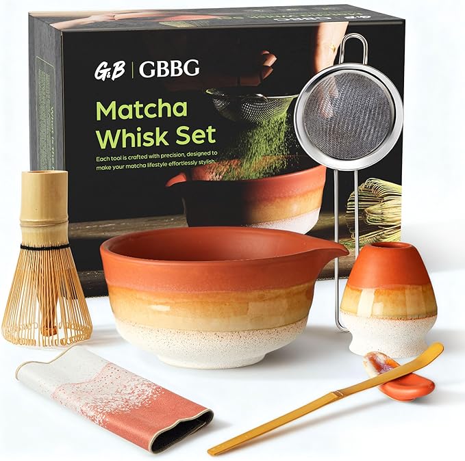 Matcha Whisk Set, Ceramic Matcha Set Desert Series, Matcha Bowl, Matcha Whisk and Holder, Bamboo Scoop, Scoop Rest, Sifter and Tea Towel 7 Pcs Matcha Kit for Birthday Christmas Gift (Matte Soil) - Bloomnest