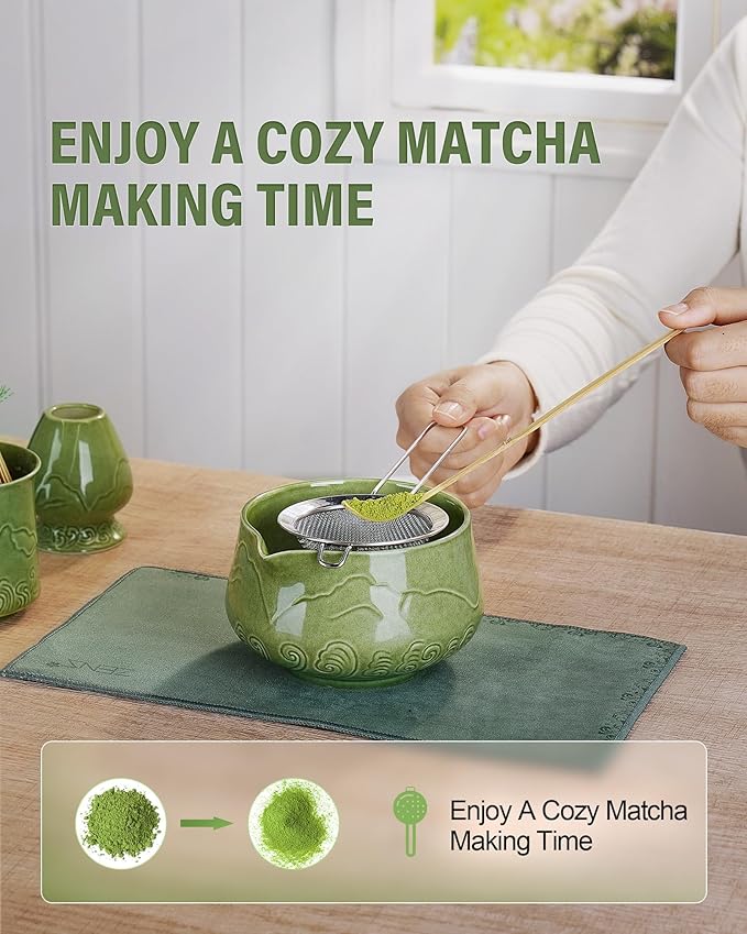 ZENS Matcha Whisk Set, 17oz Ceramic Matcha Set Includes Matcha Bowl and Matcha Cup, Bamboo Whisk & Chasen Holder, Sifter, Scoop & Tea Towel, 7pcs Matcha Kit for Matcha Latte, Emerald Green - Bloomnest